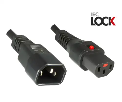 DINIC Kaltgerätekabel C14 auf C13 mit Verriegelung, 1mm², Verlängerung, schwarz, 2m